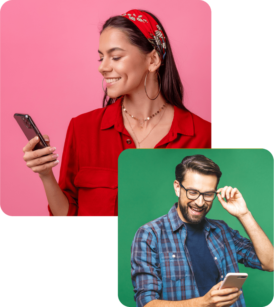 Two modern people smiling and excited about connecting on cam match